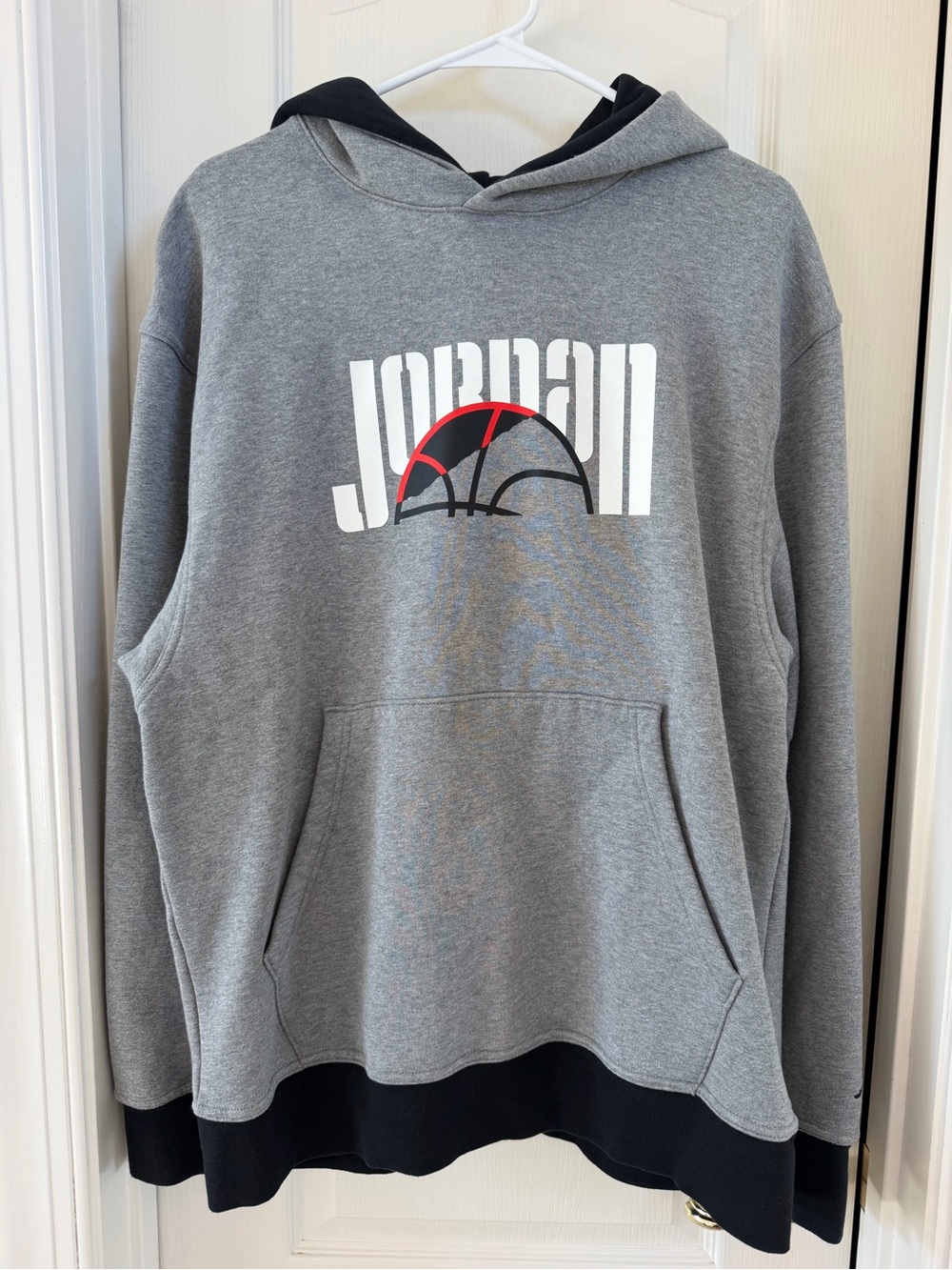 Jordan Men's Gray Hoodie with Black Trim and Red Logo Accent